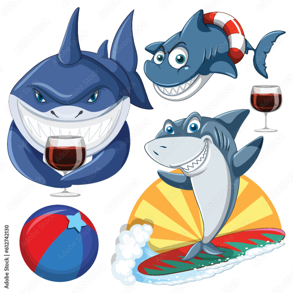 Wall mural Set of shark cartoon character in the summer