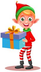 Cheerful Elf holding a Gift Box