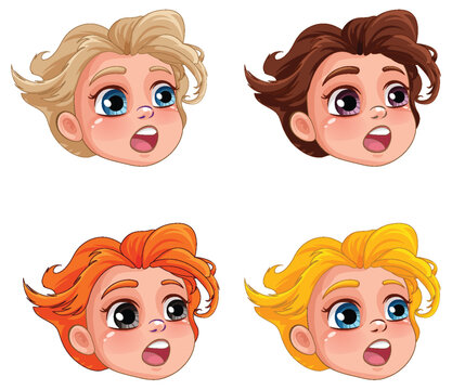 Set of girl cartoon head different hair colour