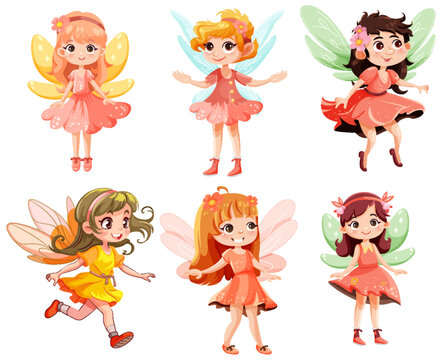 Set of cute fantasy fairies cartoon character
