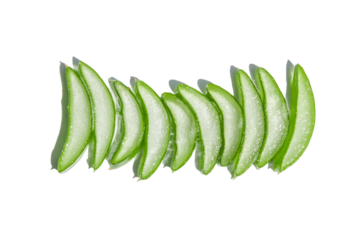 Slides, pieces of green fresh aloe vera. On a blank background. PNG
