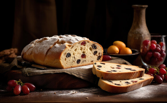 A loaf of stollen bread with rasins with sugar powder on winter Christmas background, generative AI image.