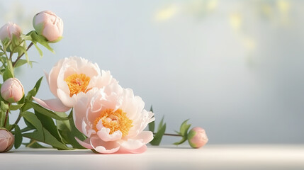 A bunch of pink peony flowers sitting on a table. Generative AI. Copy space, place for text, copyspace.