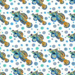 Tangerine fish seamless pattern. Multicolor colorful character. Sea animal. Print of the inhabitants of the underwater world.Hand drawn isolated illustration.