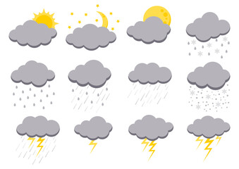 Clouds rain bad weather icon set isolated on white background. Illustration of rain, shower, lightning thunder and thunderstorm. Rainy cloud vector collection in flat style.