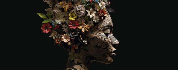 A Cardboard Silhouette of a Woman With Flowers Coming Out of Her Head, Generative AI