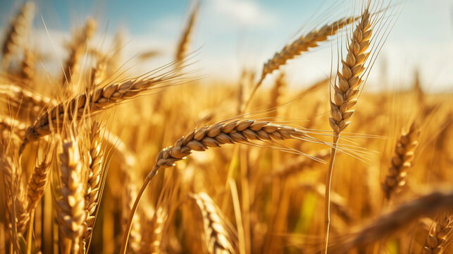 Golden wheat field close up.Organic farming concept.Ripegolden organic wheat stalk field against blue sky.Wheat food industry concept.