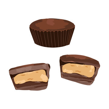 Set of chocolate peanut butter cups on white background. Hand drawn watercolor vector illustration