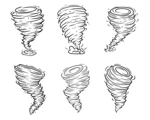 Tornado whirlwind vector icon set. Storm hurricane silhouette illustration. Swirl air cyclone weather spiral symbol. Nature disaster black line vortex isolated on white background. - obrazy, fototapety, plakaty
