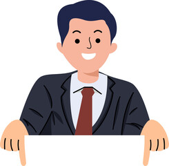 smiling charming young businessman pointing away at copy space isolated on blue background