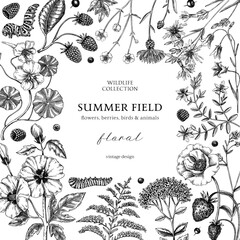 Summer background in color. Floral frame design in sketch style. Botanical drawings of wildflowers, herbs, meadows, berries. Vintage field of flowers hand-drawn illustrations for wedding invitation.