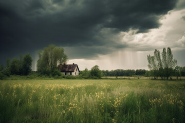 Fototapeta premium Stormy sky over grass field generative AI