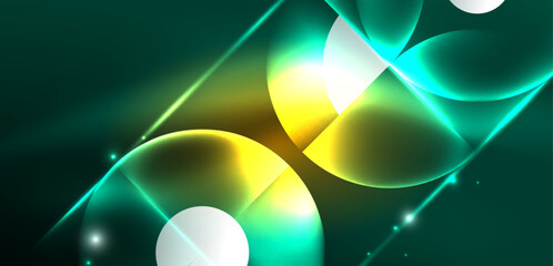 Abstract background shiny glowing neon color round elements and circles. Techno futuristic vector Illustration For Wallpaper, Banner, Background, Card, Book Illustration, landing page