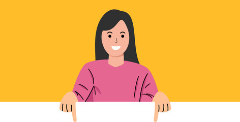 young woman casual indicating finger empty space banner proposition product placement isolated on yellow color background