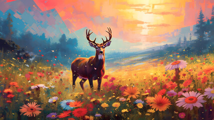 A picturesque summer meadow, alive with vibrant wildflowers and buzzing with colorful butterflies, while a gentle deer grazes peacefully in the background, creating a harmonious scene. Generative AI