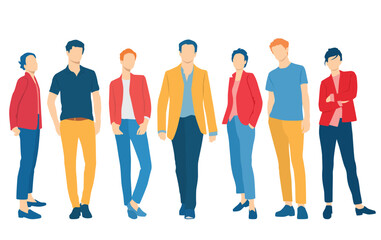 Fototapeta premium Set of young men and women, different colors, cartoon character, group of silhouettes of standing business people, students, the design concept of flat icon, isolated on white background