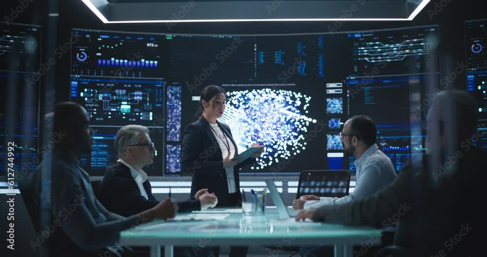 Poster AI Operations Manager Holding a Meeting with a Group of Corporate Partners and Investors. Diverse Team of Managers, Analysts and Board Members Having a Meeting in Front of Big Digital Screen
