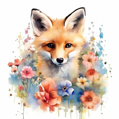 Watercolor painting showing a small fox