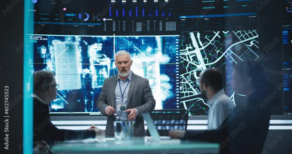 Poster senior chief software engineer showing a satellite tracking technology capabilities to a group of hi