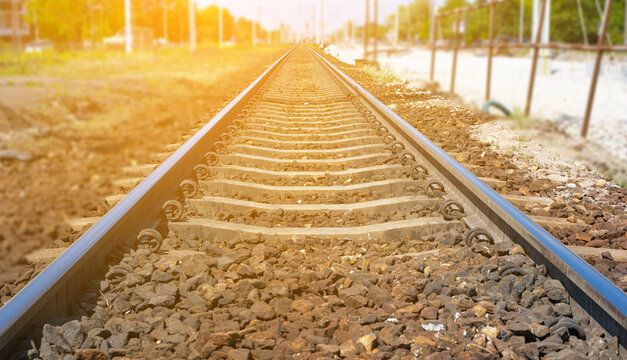 Railway Lines Closeup, Train Tracks with Track Ballast Stones, Metal Rails, Old Railway Track