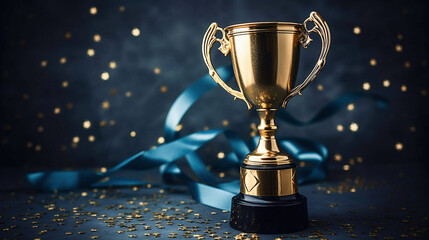 Ai generative. Champion golden trophy with gold stars on dark background