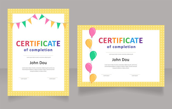 Kindergarten party participants certificates design template set. Vector diploma with customized copyspace and borders. Printable document for awards and recognition. Calibri, Myriad Pro fonts used