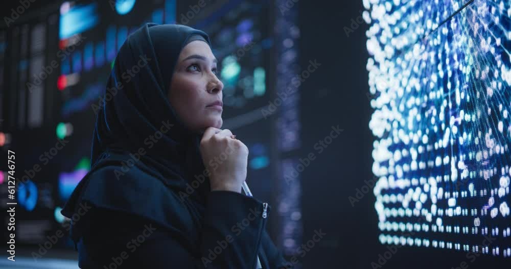 Poster Talented Muslim Software Programmer Working in Technological Innovative Agency Startup. Young Female Manager Dealing with Cloud Based Neural Network Research and Development