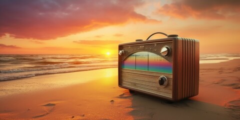 A brown vintage radio with a rainbow reflection on a beach, made with Generative AI