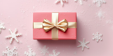A pink gift box with a gold bow on a pink background. Generative AI. Christmas gift boxes on pink.