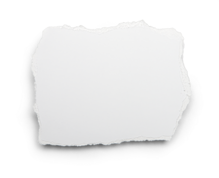 White paper with torn edges on a transparent background with a transparent shadow for use in collages on a background of any color
