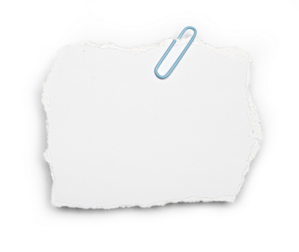 White paper with torn edges and a blue paper clip on a transparent background with a transparent shadow for use in collages on a background of any color