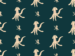 Squid cartoon character seamless pattern on green background