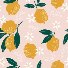Summer seamless pattern with lemons and leaves. Repeated background. 
