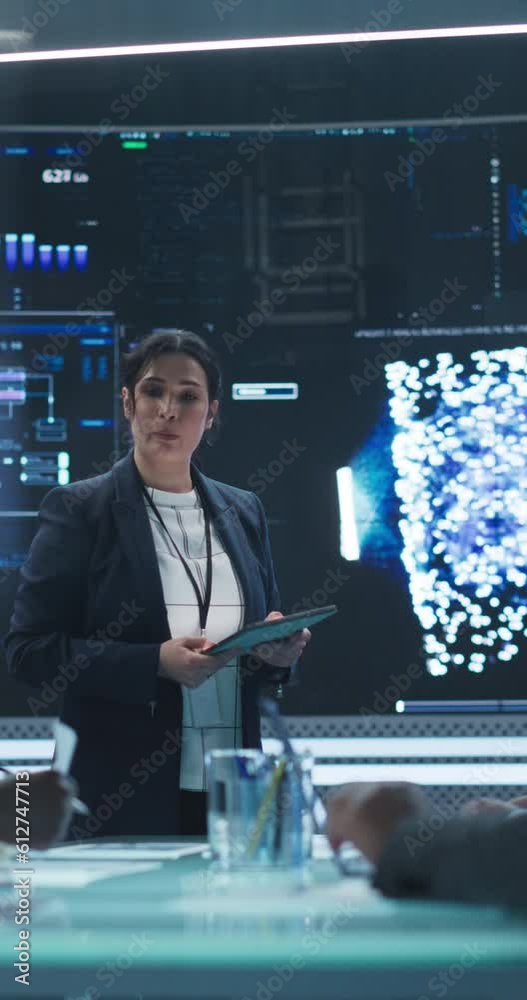 Poster vertical screen: ai operations manager holding a meeting with a group of corporate partners. diverse
