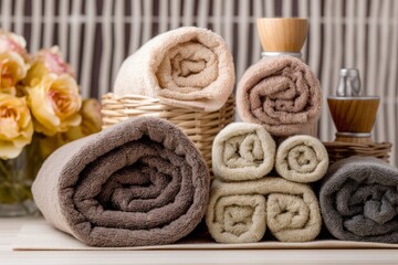 Obraz na płótnie Canvas Towel and Linen Care Guide: Longevity Tips for Washing, Drying, and Storage. Beige Tones.