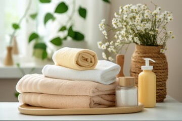 Fototapeta na wymiar Colorful Towels. Care, Washing, Drying, and Storage .