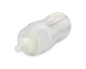 One feeding bottle with infant formula on white background