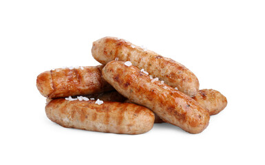 Tasty fresh grilled sausages with salt isolated on white