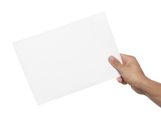Obraz premium Man holding sheet of paper on white background, closeup. Mockup for design