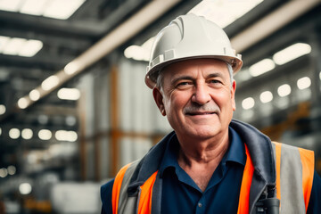 Digital portrait of a senior successful confident industrial engineer standing in Heavy Industry manufacturing. Concept of active age. Generative AI