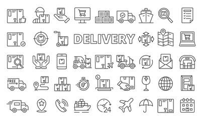Set of Delivery logistic system icons in line design. Delivery, Logistics, Shipping, Warehouse, Truck, Package, Route,Tracking, Supply chain vector illustrations. icons isolated on while background