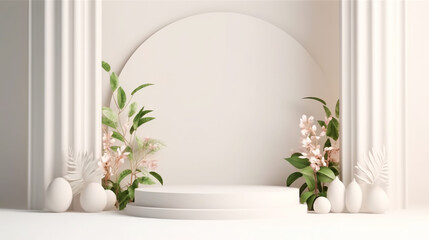 Podium with flowers on white background to display products, gift or cosmetics. Generative AI