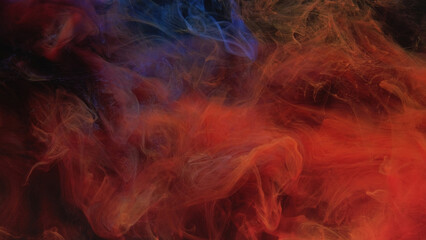 Naklejka na ściany i meble Color smoke texture. Paint water. Fire flame. Hot cold mix. Red blue fume cloud floating on dark black abstract art background.