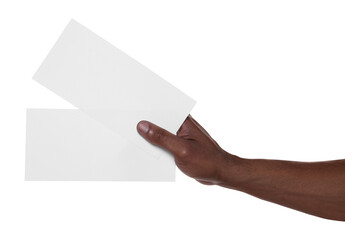 African American man holding flyers on white background, closeup. Mockup for design