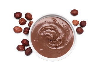 Bowl with tasty chocolate paste and nuts isolated on white, top view
