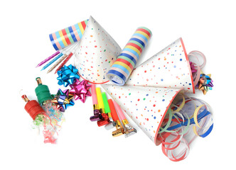 Obraz premium Party crackers and different festive items on white background