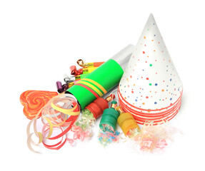 Party crackers and different festive items on white background