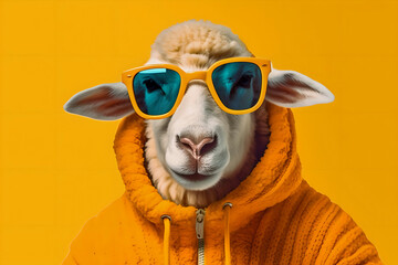 Cool cool sheep or ram in sunglasses and a knitted sweater. Generative AI. 