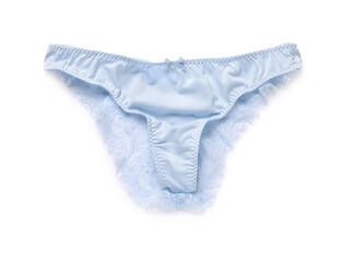 Elegant light blue women's underwear isolated on white, top view