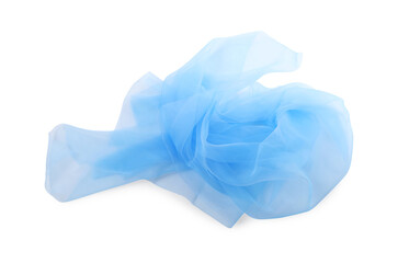 Beautiful light blue tulle fabric on white background, top view